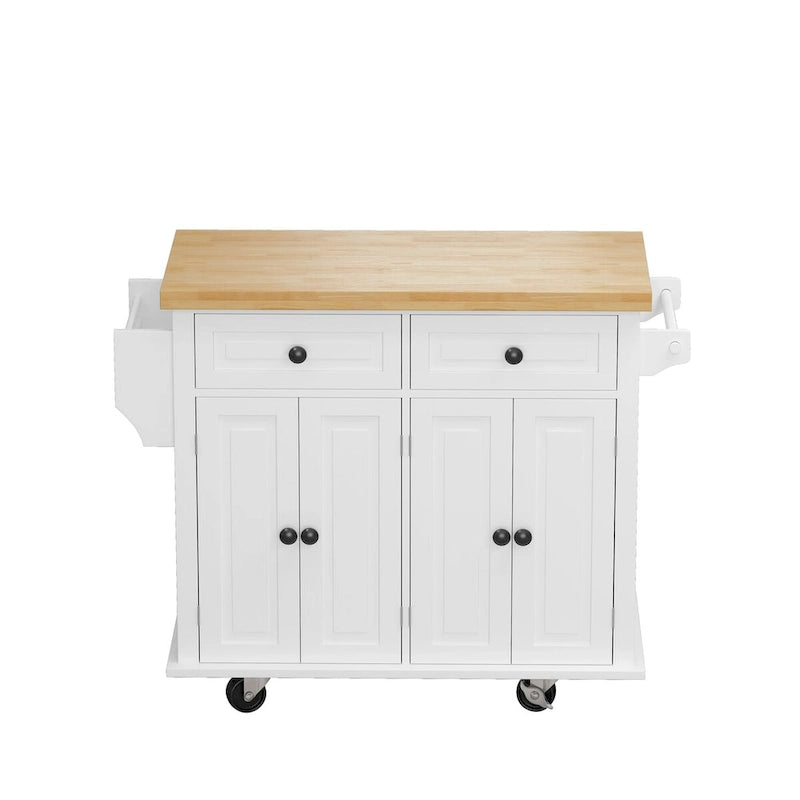 Rolling Kitchen Island Cart with 4 Doors 2 Drawers Spice Rack Towel Rack White