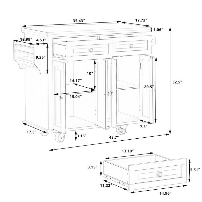 Rolling Kitchen Island Cart with 4 Doors 2 Drawers Spice Rack Towel Rack White