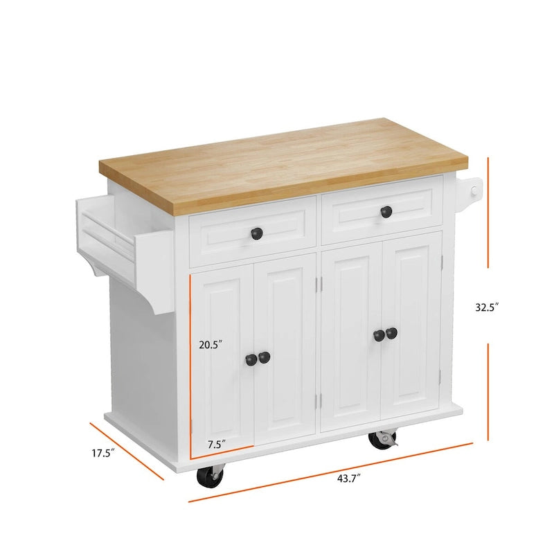 Rolling Kitchen Island Cart with 4 Doors 2 Drawers Spice Rack Towel Rack White