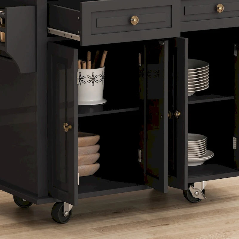 Rolling Kitchen Island Cart with 4 Doors 2 Drawers Spice Rack Towel Rack White