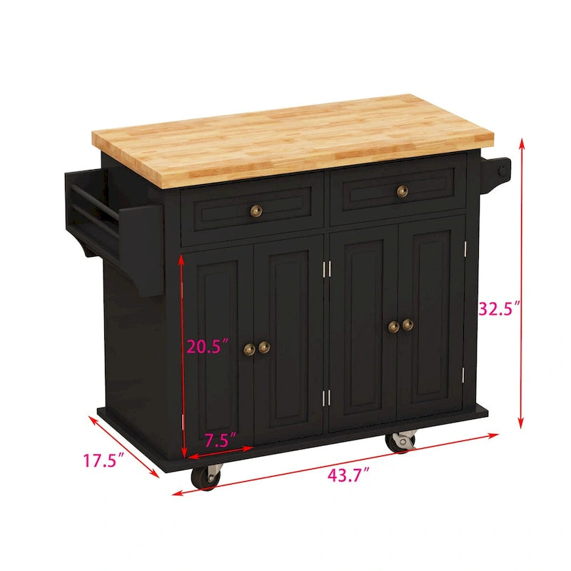 Rolling Kitchen Island Cart with 4 Doors 2 Drawers Spice Rack Towel Rack White