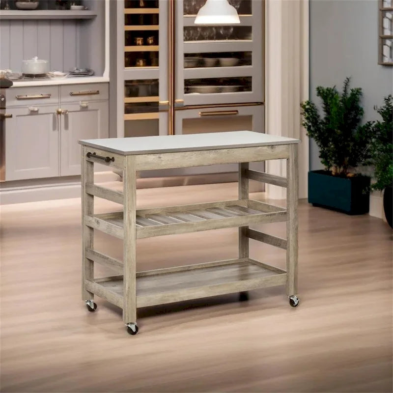 Mobile Kitchen Island Cart with Stainless Steel Top and Storage Shelves, Grey