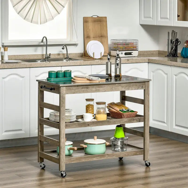 Mobile Kitchen Island Cart with Stainless Steel Top and Storage Shelves, Grey