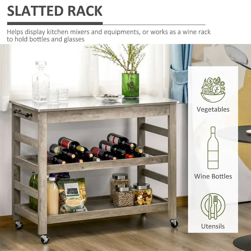 Mobile Kitchen Island Cart with Stainless Steel Top and Storage Shelves, Grey