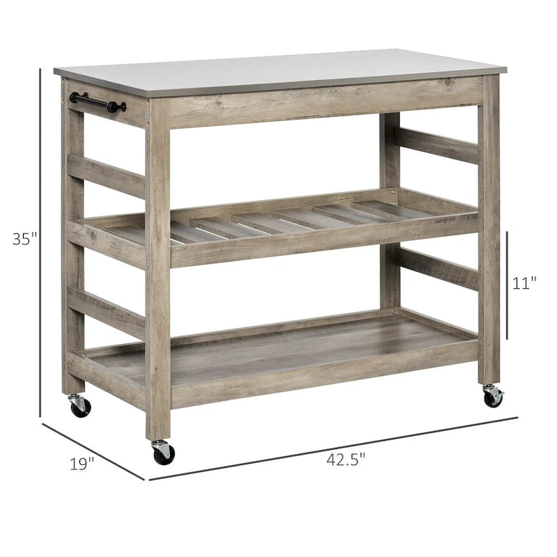 Mobile Kitchen Island Cart with Stainless Steel Top and Storage Shelves, Grey