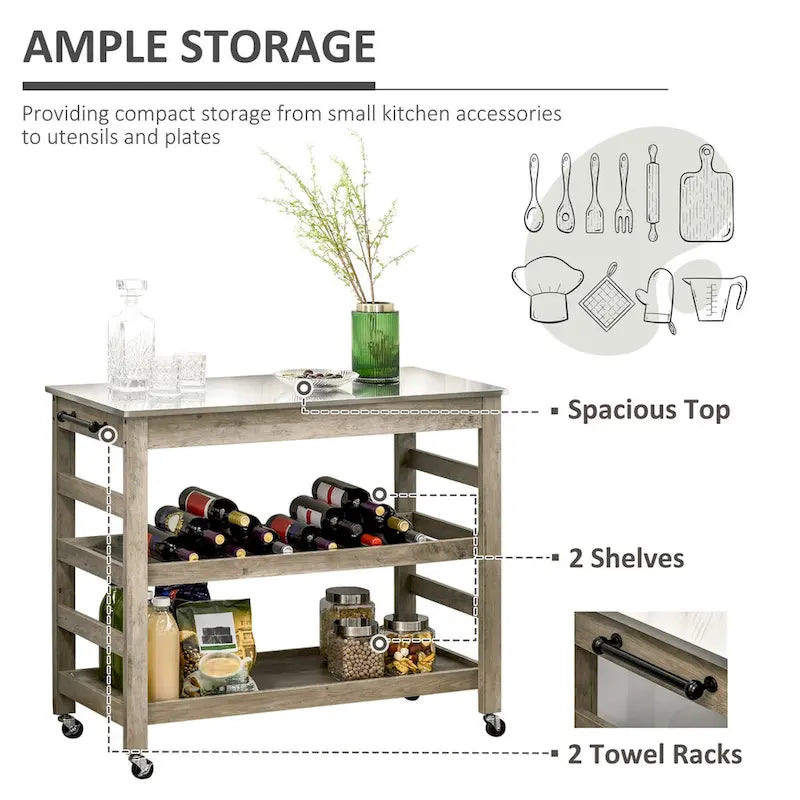 Mobile Kitchen Island Cart with Stainless Steel Top and Storage Shelves, Grey