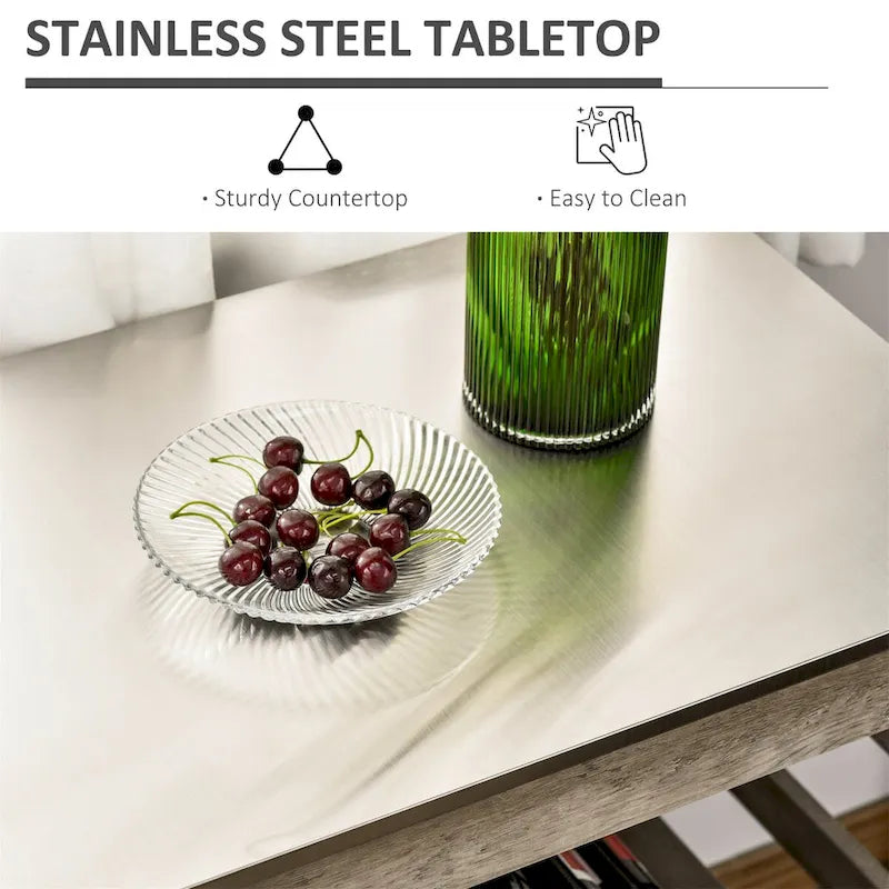 Mobile Kitchen Island Cart with Stainless Steel Top and Storage Shelves, Grey
