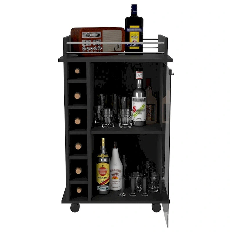 Rolling Bar Cabinet with Glass Door, Wine Cubbies and Metal Rail Top, Black
