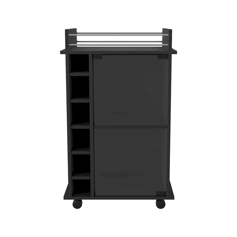 Rolling Bar Cabinet with Glass Door, Wine Cubbies and Metal Rail Top, Black