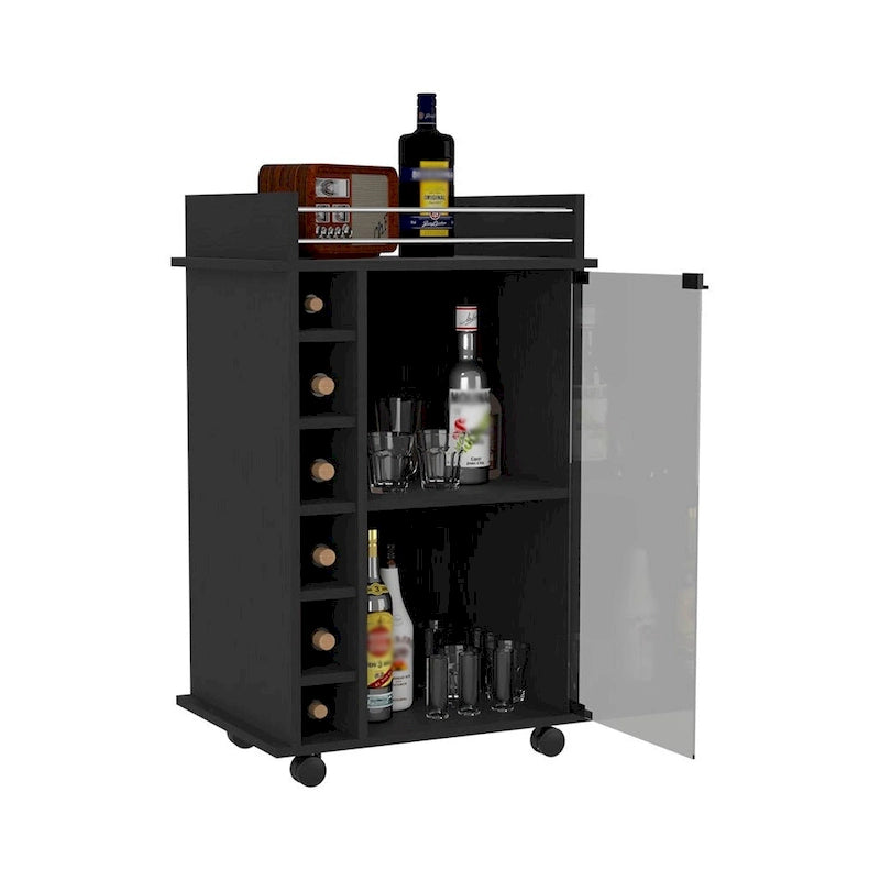 Rolling Bar Cabinet with Glass Door, Wine Cubbies and Metal Rail Top, Black
