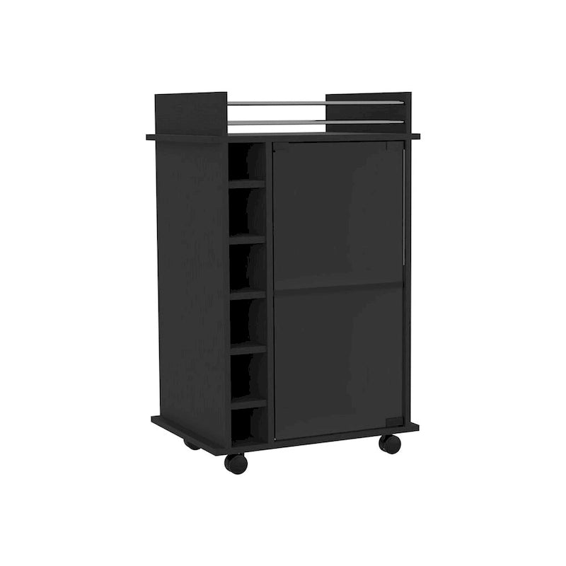 Rolling Bar Cabinet with Glass Door, Wine Cubbies and Metal Rail Top, Black