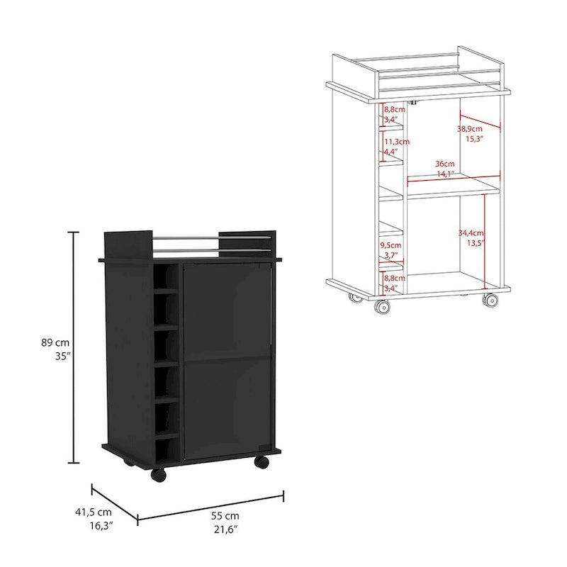 Rolling Bar Cabinet with Glass Door, Wine Cubbies and Metal Rail Top, Black