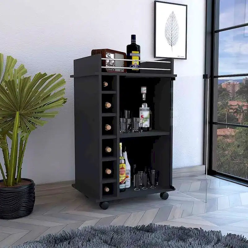 Rolling Bar Cabinet with Glass Door, Wine Cubbies and Metal Rail Top, Black