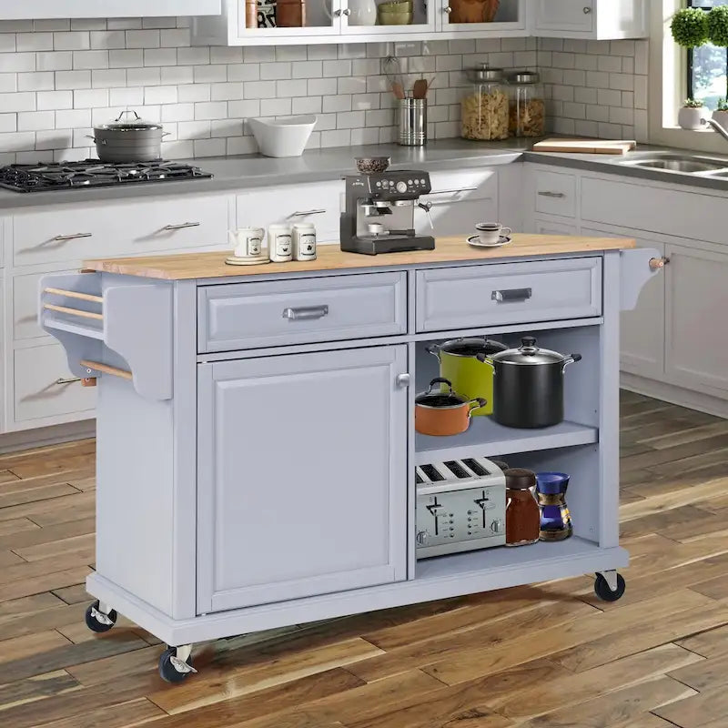 Rolling Kitchen Island Cart with Wood Top Drawers Storage Grey