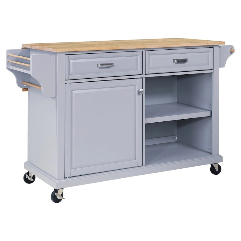Rolling Kitchen Island Cart with Wood Top Drawers Storage Grey