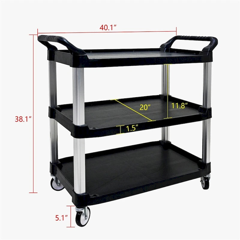 3-Tier Black PP Rolling Service Cart with Aluminum Frame and Silent Casters