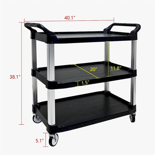 3-Tier Black PP Rolling Service Cart with Aluminum Frame and Silent Casters
