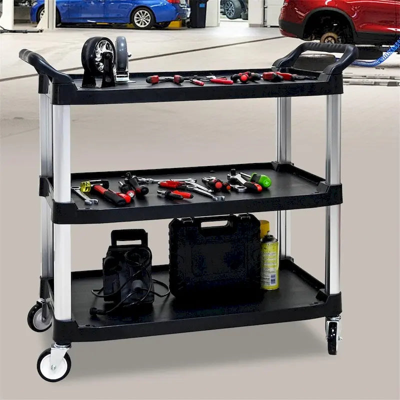 3-Tier Black PP Rolling Service Cart with Aluminum Frame and Silent Casters
