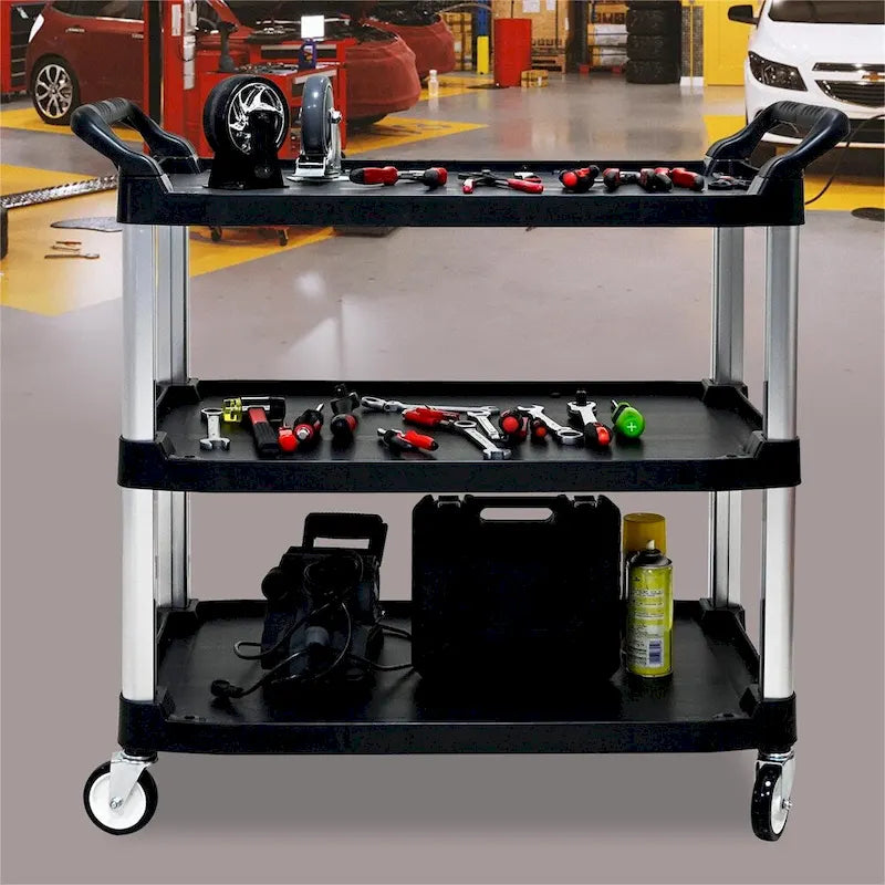 3-Tier Black PP Rolling Service Cart with Aluminum Frame and Silent Casters