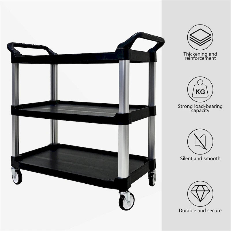 3-Tier Black PP Rolling Service Cart with Aluminum Frame and Silent Casters