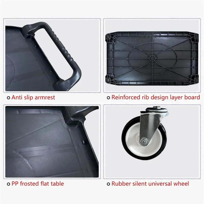 3-Tier Black PP Rolling Service Cart with Aluminum Frame and Silent Casters