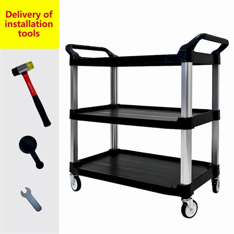3-Tier Black PP Rolling Service Cart with Aluminum Frame and Silent Casters