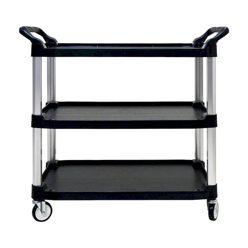 3-Tier Black PP Rolling Service Cart with Aluminum Frame and Silent Casters