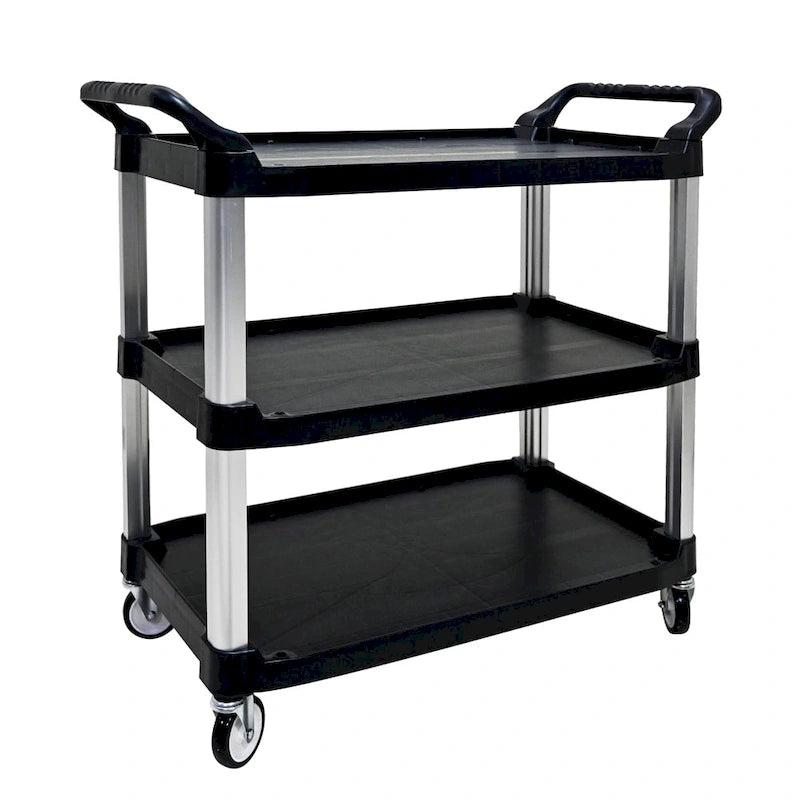 3-Tier Black PP Rolling Service Cart with Aluminum Frame and Silent Casters