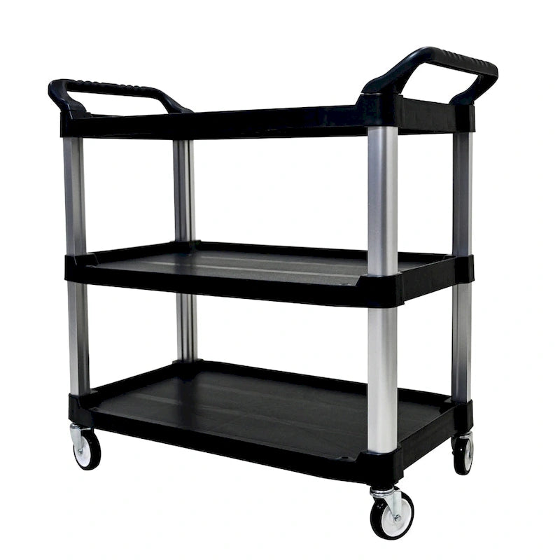 3-Tier Black PP Rolling Service Cart with Aluminum Frame and Silent Casters