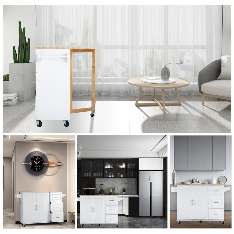 Rolling Kitchen Island Cart with Drawers Cabinet White Natural Wood Top