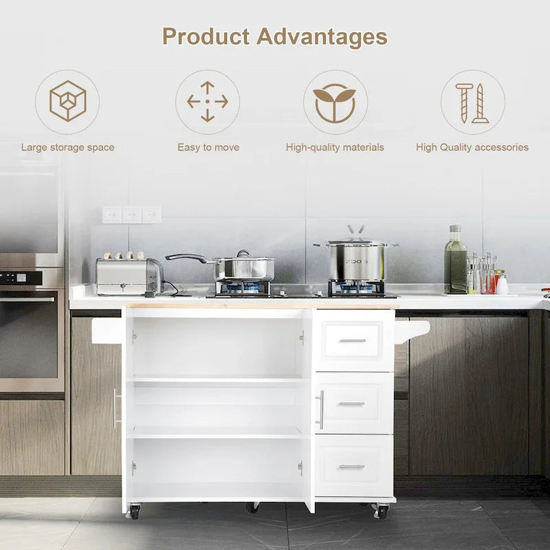 Rolling Kitchen Island Cart with Drawers Cabinet White Natural Wood Top