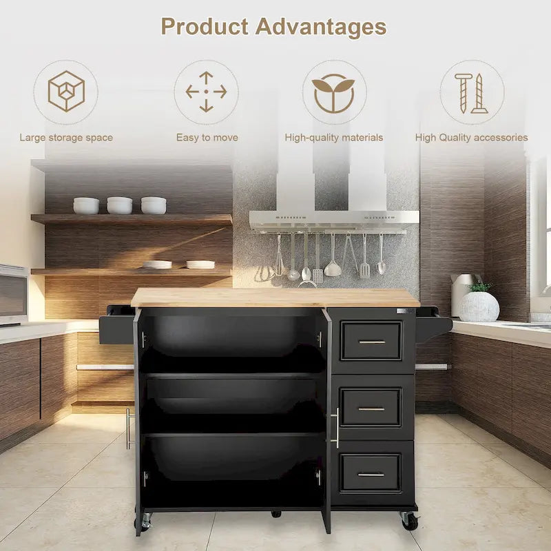 Rolling Kitchen Island Cart with Drawers Cabinet White Natural Wood Top