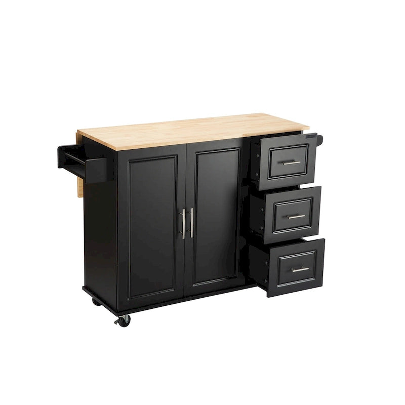 Rolling Kitchen Island Cart with Drawers Cabinet White Natural Wood Top