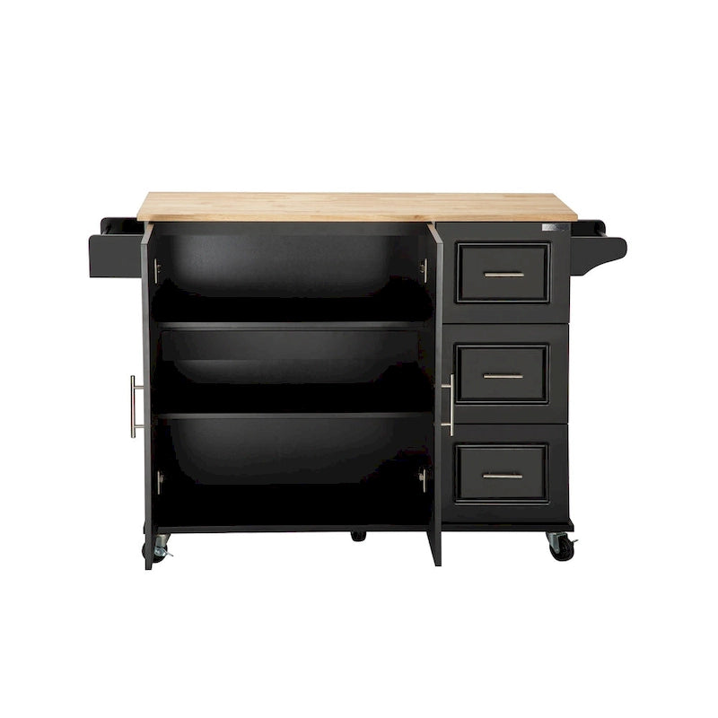 Rolling Kitchen Island Cart with Drawers Cabinet White Natural Wood Top