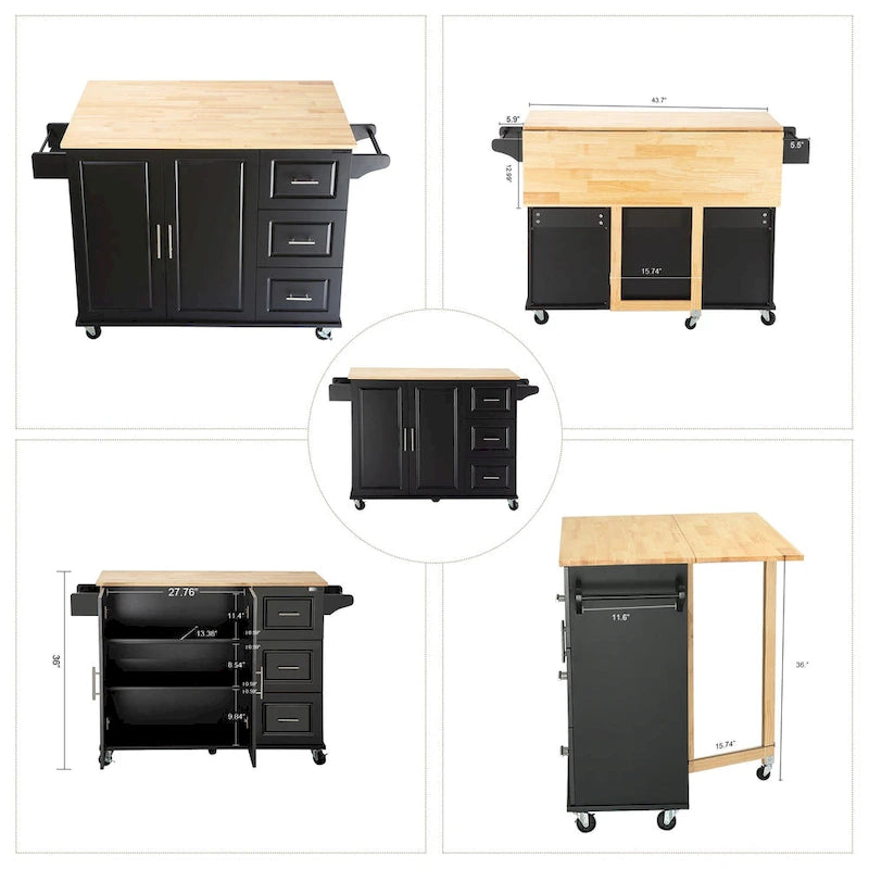 Rolling Kitchen Island Cart with Drawers Cabinet White Natural Wood Top