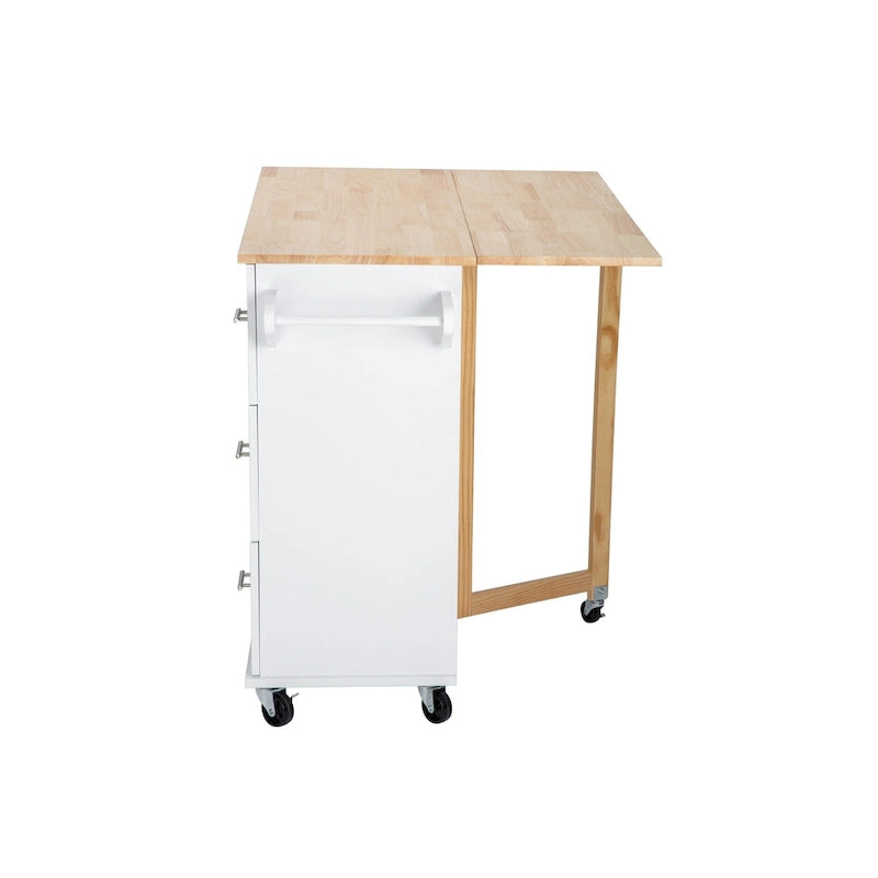 Rolling Kitchen Island Cart with Drawers Cabinet White Natural Wood Top