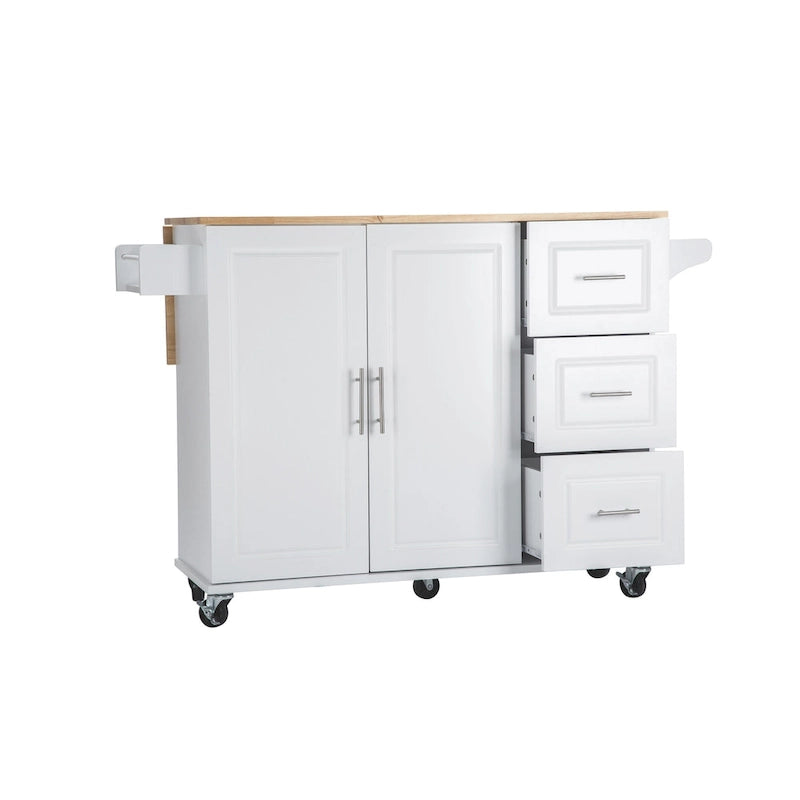 Rolling Kitchen Island Cart with Drawers Cabinet White Natural Wood Top
