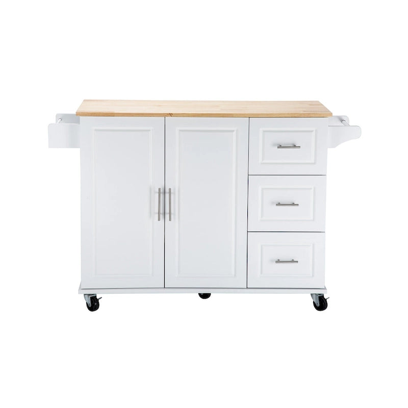 Rolling Kitchen Island Cart with Drawers Cabinet White Natural Wood Top