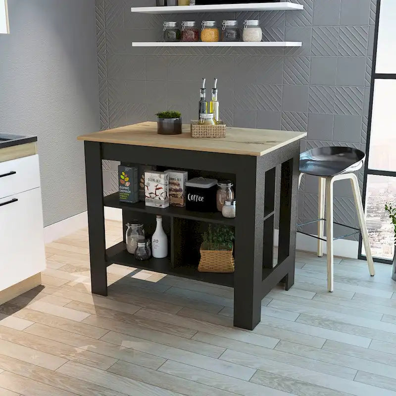 3-Shelf Kitchen Island with Open Shelving Black and Light Oak