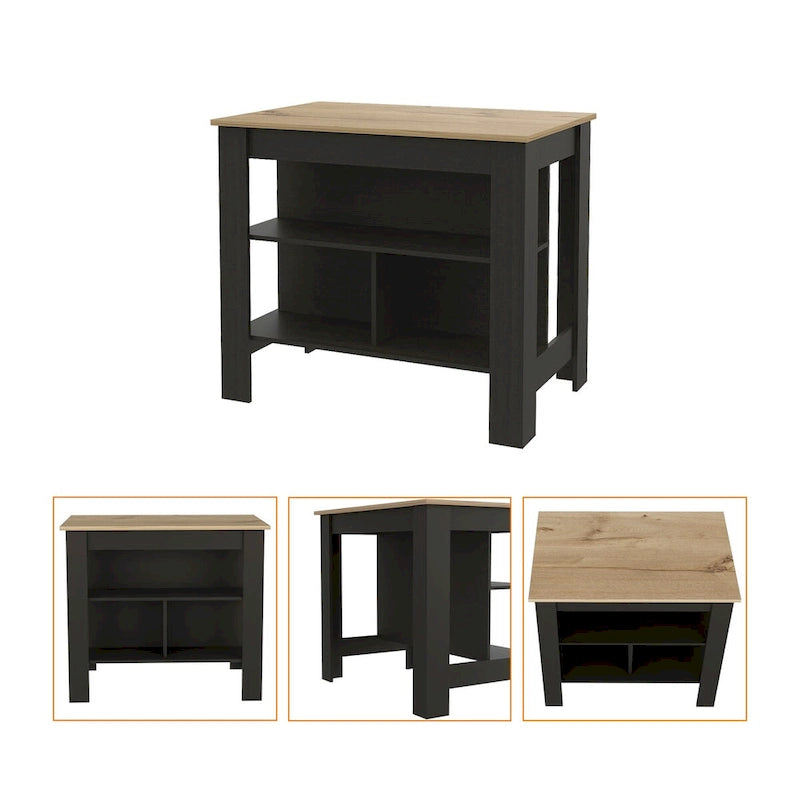 3-Shelf Kitchen Island with Open Shelving Black and Light Oak
