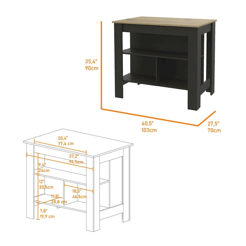 3-Shelf Kitchen Island with Open Shelving Black and Light Oak