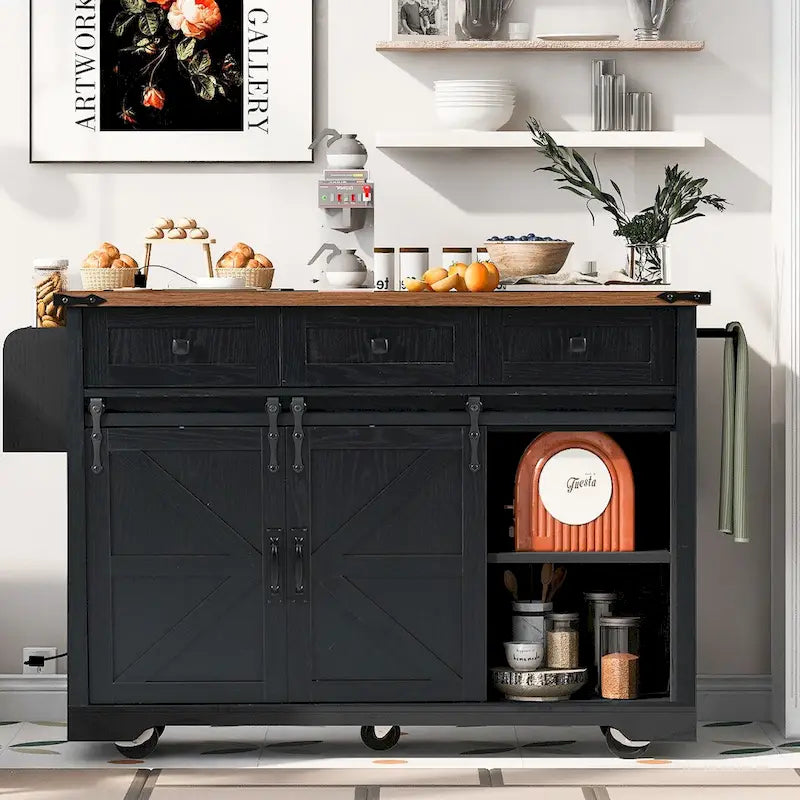 Rolling Farmhouse Kitchen Island with Power Outlet and Storage Drawers