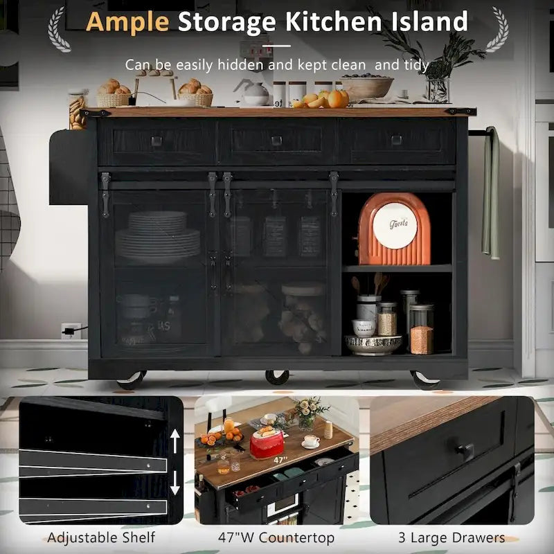 Rolling Farmhouse Kitchen Island with Power Outlet and Storage Drawers
