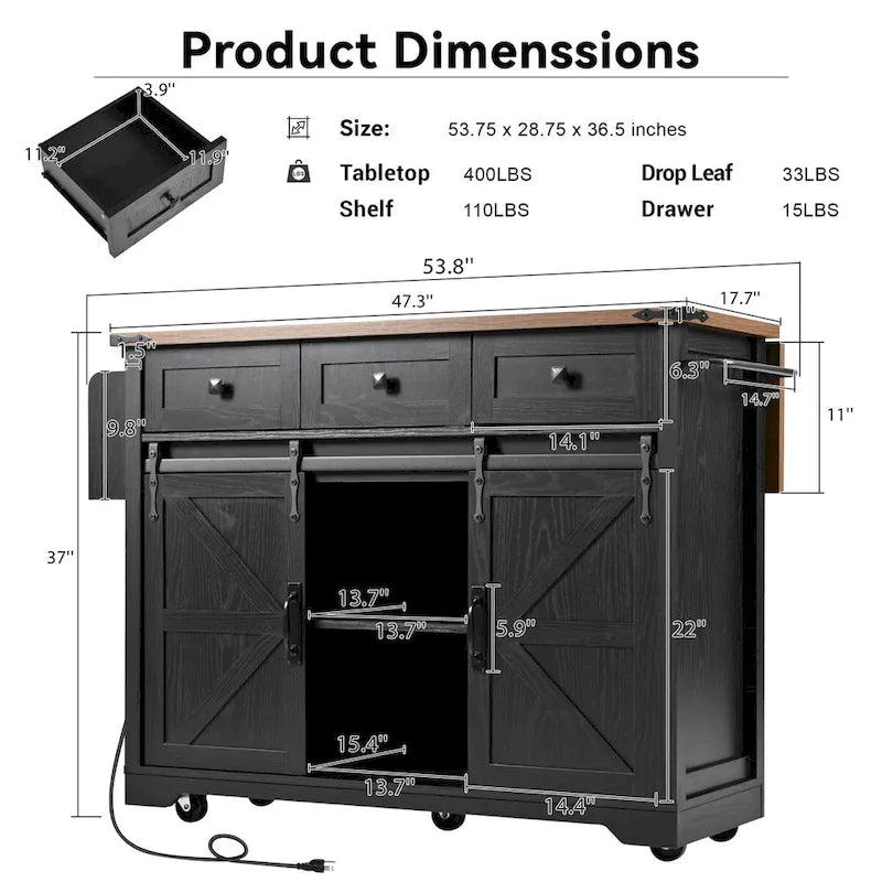 Rolling Farmhouse Kitchen Island with Power Outlet and Storage Drawers