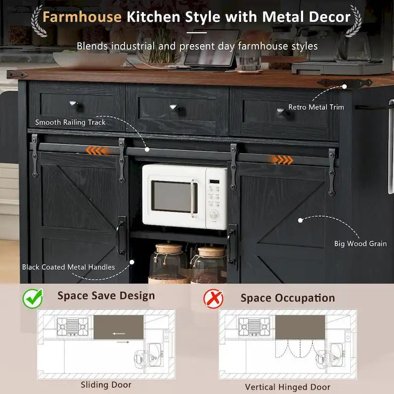 Rolling Farmhouse Kitchen Island with Power Outlet and Storage Drawers