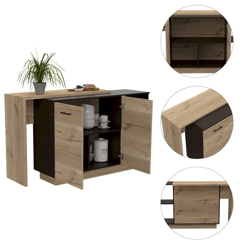2-Shelf 1-Drawer Kitchen Island Black Wengue and Light Oak