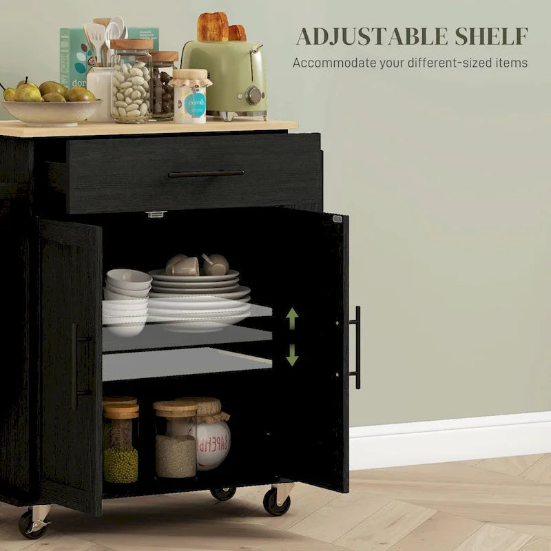 Black Rolling Kitchen Island Cart with Storage Drawer Cabinet and Wheels