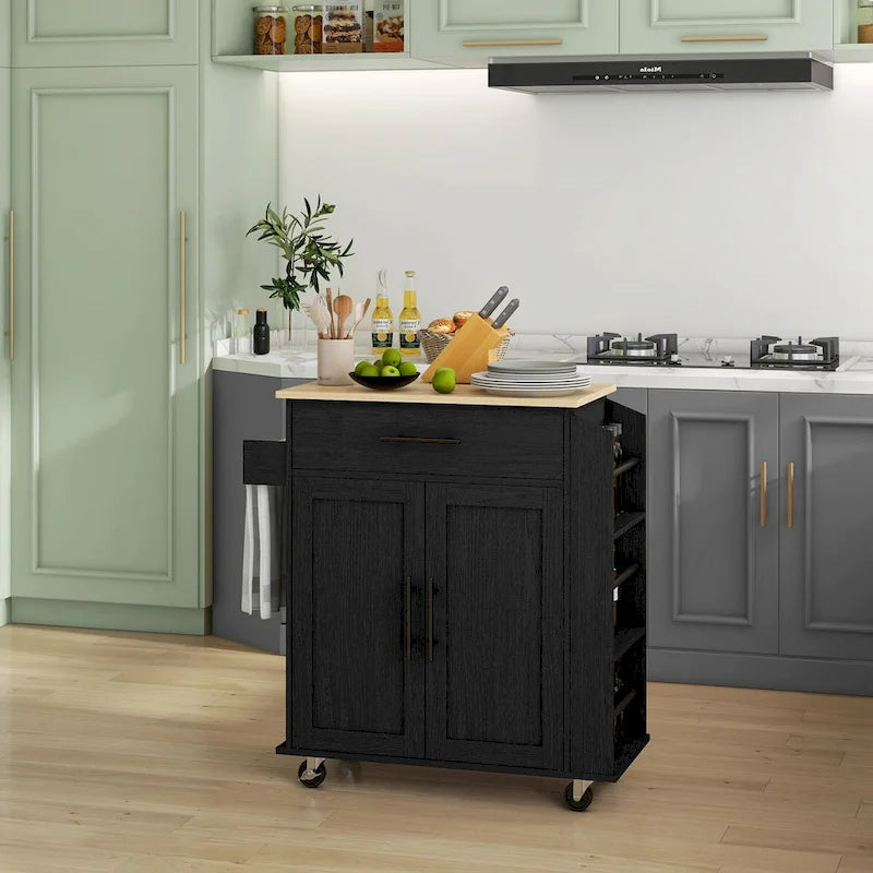 Black Rolling Kitchen Island Cart with Storage Drawer Cabinet and Wheels