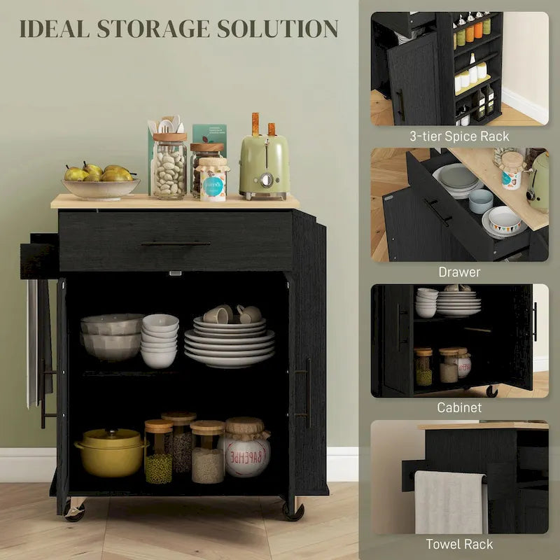 Black Rolling Kitchen Island Cart with Storage Drawer Cabinet and Wheels