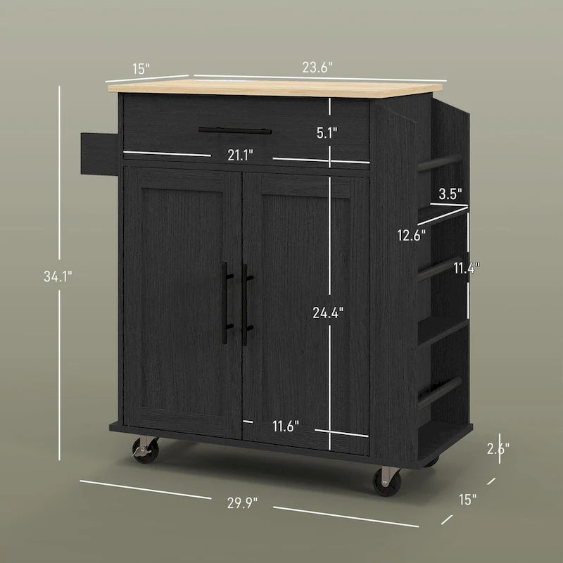 Black Rolling Kitchen Island Cart with Storage Drawer Cabinet and Wheels